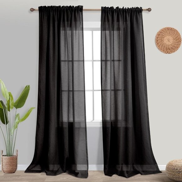 KOUFALL Faux Linen Sheer Curtains Black 52x96" Floor Length Rod Pocket New - Picture 5 of 5